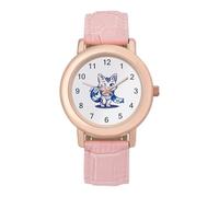 Reloj de pulsera analógico con diseño de gato patriótico de Israel con la bandera de Israel y correa de piel para mujer