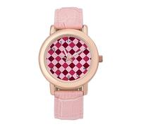 Reloj de pulsera analógico de cuarzo para mujer, diseño de tablero de ajedrez, color rosa y rojo