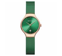 BERING 13326-868 Reloj de cuarzo para mujer con caja de acero inoxidable de 26 mm con acabado en oro rosa y esfera verde, correa milanesa, cristal de zafiro y resistencia al agua de 3 ATM