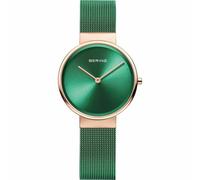 BERING 14531-868 Reloj de cuarzo para mujer con caja de acero inoxidable de 31 mm con acabado en oro rosa y esfera verde, correa milanesa, cristal de zafiro y resistencia al agua de 5 ATM