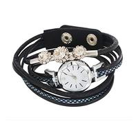 Reloj de Pulsera con Diamantes de Imitación para Mujer, Pulsera de Cuarzo con Correa de PU en 4 Colores, Esfera Redonda, Joyería de Moda, para Mujer (Negro)