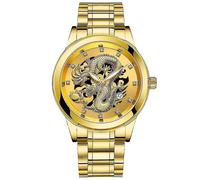 Reloj de pulsera de acero de lujo para hombre, resistente al agua, con escultura de dragón dorado y