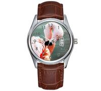 Reloj de pulsera para hombre, casual, impermeable, de cuarzo, con fecha, clásico, de cuero marrón, de Navidad, flamenco, rosa, pájaro, Chile, plumas de animales, exótico, Marrón, Comercial, Relojes