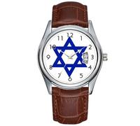 Reloj de pulsera para hombre, casual, resistente al agua, cuarzo, con fecha, clásico, de cuero, color marrón, para Navidad, con bandera de Israel, Marrón, Comercial