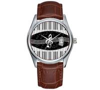 Reloj de pulsera para hombre, casual, resistente al agua, de cuarzo, con fecha, clásico, de cuero marrón, para Navidad, con notas musicales, clave de sol y teclas de piano, Marrón, Comercial