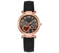 Reloj de pulsera para mujer, diseño de corazón, acero inoxidable, correa de cuero con movimiento para mujer, relojes de ferrocarril aprobados, negro, One Size