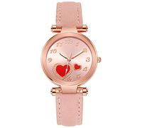 Reloj de pulsera para mujer, diseño de corazón, de acero inoxidable, correa de piel con movimiento de cuarzo, correa de piel para mujer, rosa, talla única