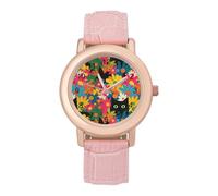 Reloj de pulsera para mujer, diseño de gato negro escondido en flores de primavera, fácil de leer, moderno, delgado, de cuarzo, casual, vestido