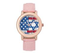 Reloj de pulsera para mujer, diseño vintage de bandera de Estados Unidos y banderas de Israel, elegante, analógico, de cuarzo, correa de piel