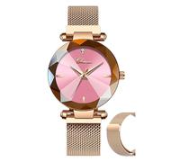 Reloj de pulsera para mujer, esfera de cristal, correa magnética, correa de malla de acero inoxidable de oro rosa (oro rosa-rosa)