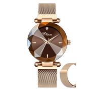 Reloj de pulsera para mujer, esfera de cristal, correa magnética, correa de malla de acero inoxidable de oro rosa (oro rosa-marrón)