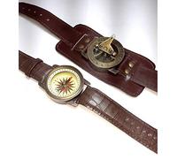 Reloj de pulsera Steampunk de latón con brújula y reloj de sol con correa de piel