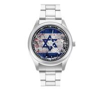 Reloj de pulsera vintage de acero inoxidable con números arábigos de acero inoxidable con bandera de Israel para hombres y mujeres