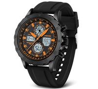 Reloj Deporte Militar para Hombre - Analógico Digital, Impermeable, Acero Inoxidable con Alarma, Cronómetro, LED, Hora, Timbre - Multifunción (Naranja-Negro)