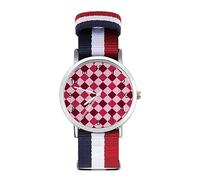 Reloj deportivo con diseño de tablero de ajedrez rosa y rojo para hombres y mujeres, reloj de pulsera analógico de cuarzo con correa de nailon