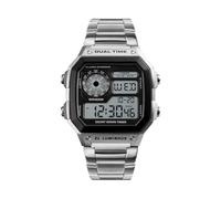 Reloj Deportivo de Acero Inoxidable para Hombre, Cronógrafo con Retroiluminación Digital para Rastreador de Ejercicios, Actividades Al Aire Libre, Negro (Silver)