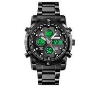 Reloj Deportivo Digital Multifuncción para Hombre, Acero Inoxidable Negro, Triple Hora, Cronómetro, Temporizador, Luz EL, Alarma, Calendario, 30M Resistente al Agua