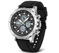 Reloj Deportivo Militar para Hombre - Analógico Digital, Impermeable, Acero Inoxidable con Alarma, Cronómetro, LED, Hora, Timbre - Multifunción (Plata-Negro)
