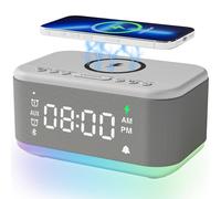 Reloj despertador con altavoz, cargador inalámbrico, relojes despertadores digitales para dormitorios, Bluetooth, reloj despertador con luz regulable, doble alarma, atenuador de repetición, 12 24