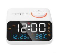 Reloj despertador con radio FM para mesita de noche, termómetro digital LED e higrómetro, monitor interior con calendario de tiempo para adultos y personas mayores (blanco)
