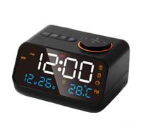 Reloj despertador con radio FM para mesita de noche, termómetro digital LED e higrómetro, monitor interior con calendario de tiempo para adultos y personas mayores (negro)