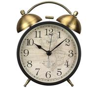 Reloj despertador de doble campana, reloj despertador analógico retro silencioso sin tictac con luz nocturna, reloj de escritorio pequeño para mesita de noche, funciona con pilas (mapa)