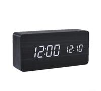 Reloj despertador digital con acabado de madera con pantalla LED grande para lecturas de hora, fecha y temperatura ambiente, además de repetición y alarma dual (negro)