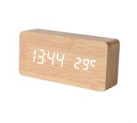 Reloj despertador digital con acabado de madera con pantalla LED grande para lecturas de hora, fecha y temperatura ambiente, además de repetición y alarma dual (amarillo)