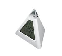 Reloj despertador digital con forma de pirámide y 7 luces led de colores cambiantes, con función de calendario y termómetro, de color blanco, utiliza 3 pilas AAA