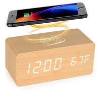 Reloj despertador digital de madera con base de carga inalámbrica, cargador inalámbrico rápido para iPhone/Samsung Galaxy, despertador digital sin tictac, reloj de alarma para dormitorio (Bambú)
