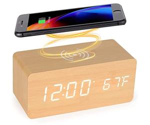 Reloj despertador digital de madera con base de carga inalámbrica, cargador inalámbrico rápido para iPhone/Samsung Galaxy, despertador digital sin tictac, reloj de alarma para dormitorio (Bambú)