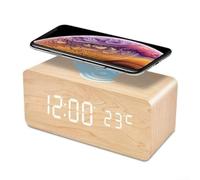 Reloj despertador digital de madera real con base de carga inalámbrica de 10 W para smartphones y accesorios habilitados para Qi (blanco roto)
