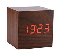 Reloj Despertador Digital LED de Madera con Control por Voz, Pantalla de Temperatura, 3 Alarmas, Alimentado por Pilas o USB (Madera marrón + luz roja)