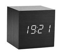 Reloj Despertador Digital LED de Madera - Cubo de Mesa con Alarmas, Modo de Control de Voz Y Modo Siempre Luz para Dormitorio (Madera Negra + Luz Blanca)