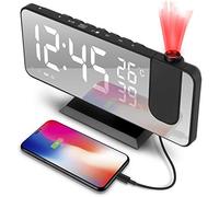 Reloj Despertador Digital, Radio Despertador Proyector, Despertador de Espejo de Moda con Alarma Dual, 4 Brillo de Pantalla Ajustable, 8 Pantalla, Rotación de 180 °, Cable USB de 1.5 m, FM Radio