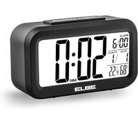 Elbe RD-668-N Reloj despertador con termómetro, adecuado para viajar, display LCD 4,4'', función snooze, pantalla con luz, alarma, temperatura y humedad, color negro