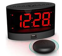 Reloj despertador extra fuerte con agitador de cama inalámbrico, alarma dual vibratoria para personas que duermen mucho y sordas con discapacidad auditiva, modo de atenuación de volumen ajustable