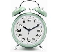 Reloj despertador fuerte para personas con sueño profundo, adultos, de metal, doble campana de 10,16 cm, con batería, para decoración de dormitorios, silencioso sin tictac (verde menta)