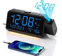 Reloj despertador para dormitorio con modo semana/fin de semana, reloj digital con proyector de 350°, atenuador de 5 etapas, volumen ajustable, monitor de temperatura y humedad, calendario, repetición