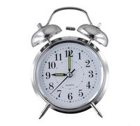 Reloj despertador retro de doble campana para uso doméstico, acabado cromado con características luminosas y mecanismo de herida