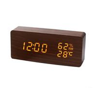 Reloj despertador silencioso de madera con termómetro e higrómetro, brillo ajustable, pantalla LED, hora y fecha, monitor digital multifunción alimentado por USB-C para dormitorio, estudio, oficina