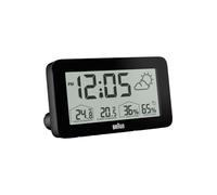 Reloj digital Braun y estación meteorológica con temperatura y humedad interior y exterior, pronóstico del tiempo, pantalla LCD, alarma con pitido de volumen ascendente, negro, modelo BC13BP.