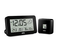 Reloj digital Braun y estación meteorológica con temperatura y humedad interior y exterior, pronóstico del tiempo, pantalla LCD, alarma con pitido de volumen ascendente, negro, modelo BC13BP.