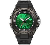 Reloj digital militar deportivo digital impermeable de pantalla grande 50M relojes deportivos militares de cuarzo analógico doble tiempo LED calendario cronómetro 12/24H, Negro