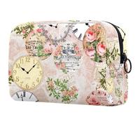 Reloj digital sobre fondo de rosa de París vintage para mujer, neceser de viaje, bolsa organizadora de maquillaje grande con cremallera, multicolor, 18.5x7.5x13cm/7.3x3x5.1in, Neceser