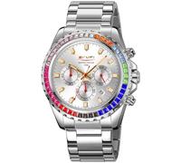 Reloj dorado de lujo para hombre, diamantes de colores, acero inoxidable, resistente al agua, fecha, movimiento de cuarzo, accesorio deportivo de moda para hombre, Plata con esfera blanca, Lujo
