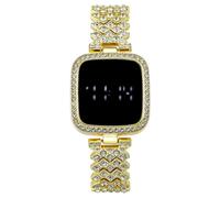 Reloj electrónico de pantalla táctil led cuadrado de moda para mujer reloj de pulsera de acero inoxidable con flor de hielo brillante, dorado, Pulsera