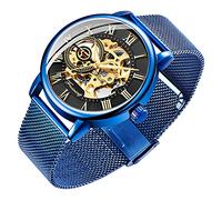 Reloj Esqueleto de los hombres Reloj clásico Número romano Steampunk mecánico Reloj Hand Wind Mens Relojes (Azul), Azul y Negro,