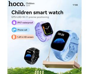Reloj inteligente HOCO Y108 con pantalla táctil curva LCD HD de 1.69 pulgadas, GPS, LBS, WIFI, localizador, tarjeta SIM 4G, llamadas, para niñas/niños Sky Blue