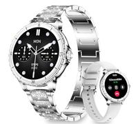 Reloj Inteligente Mujer con Llamadas, 1.27'' Smartwatch Mujer con Correa de Diamante, Compatible con Android/iOS, IP68 Impermeable Smart Watch Redondo con Monitor Sueño Pulsometro Sangre Presión Plata